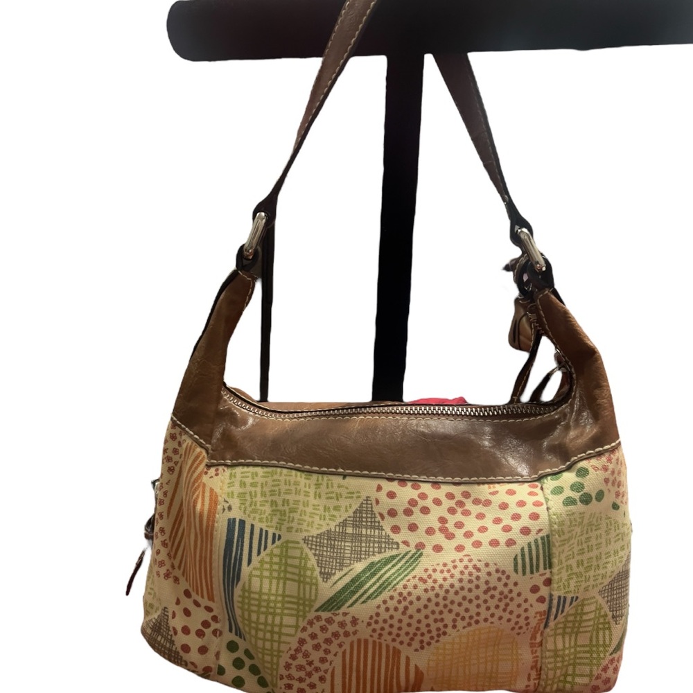 Fossil Vintage Y2K Patchwork Hobo Shoulder Bag Canvas Leather Trim Boho Multi-